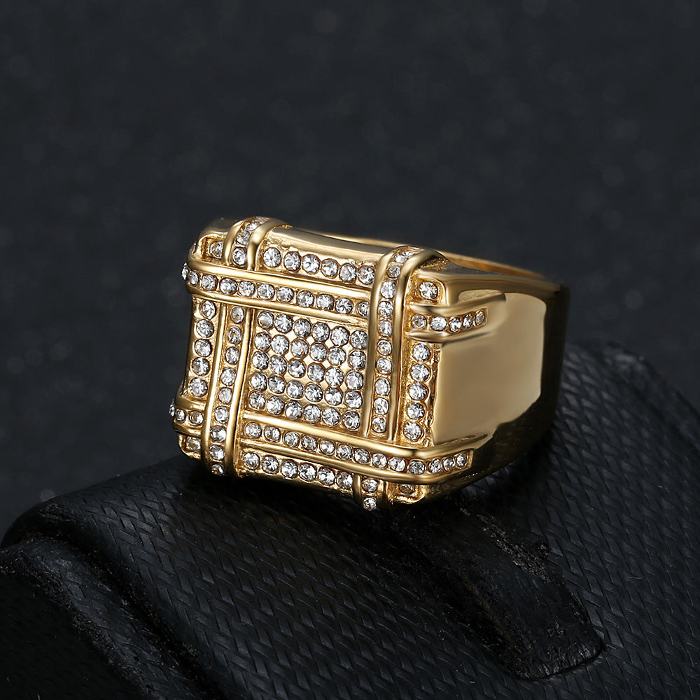 Men's Square Full‑Paved Wide Band Ring Retro Grid Heavy‑Weight Ring
