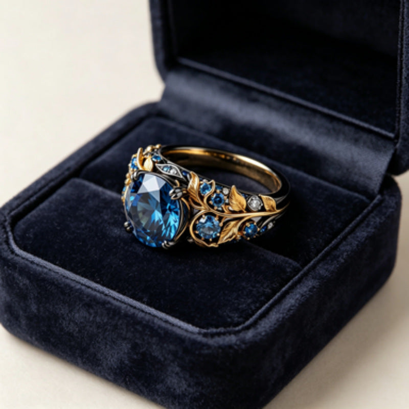 Blue Sapphire Leaf Vine Ring Women Two Tone Gold Silver Vintage Art Nouveau Nature Engagement Ring