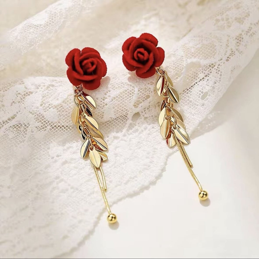 Red Rose Leaf Tassel Drop Earrings Long Dangle Earrings For Women