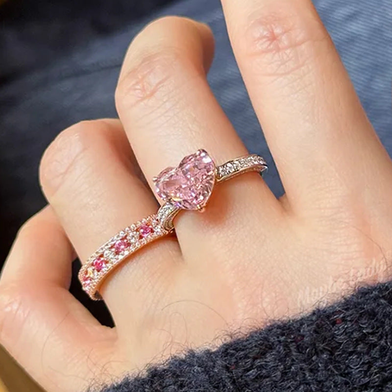 Heart Pink Diamond Paved Thin Ring Elegant Womens Diamond Band