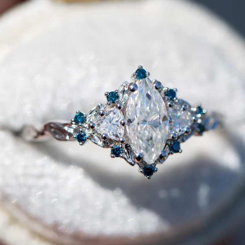 Marquise Diamond Three Stone Engagement Ring With Accent Blue Gemstones Twisted Band Vintage Halo Promise Ring Bridal Statement Jewelry