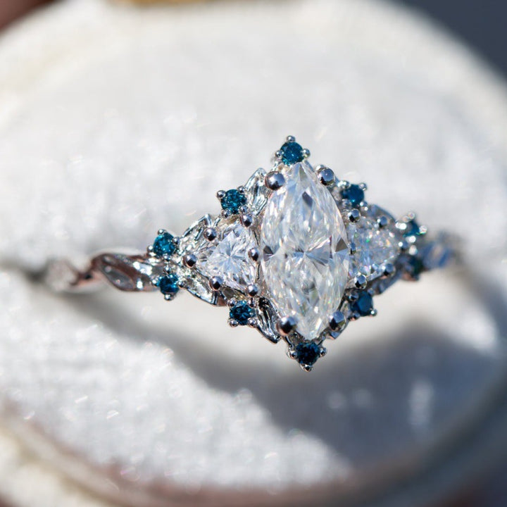 Marquise Diamond Three Stone Engagement Ring With Accent Blue Gemstones Twisted Band Vintage Halo Promise Ring Bridal Statement Jewelry