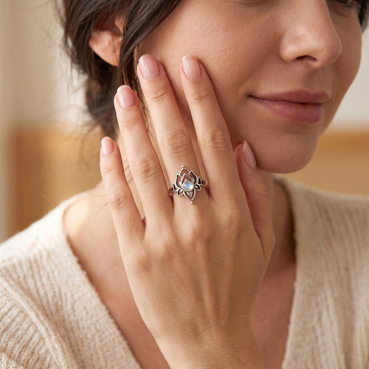 Open‑Work Lotus Moonstone Women Ring, Elegant Boho‑Chic Floral Band