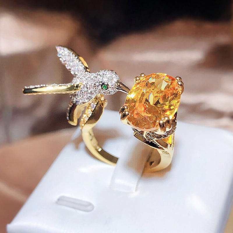 Hummingbird Oval Diamond Open Ring Women Nature Inspired Statement Ring Multiple Color Options