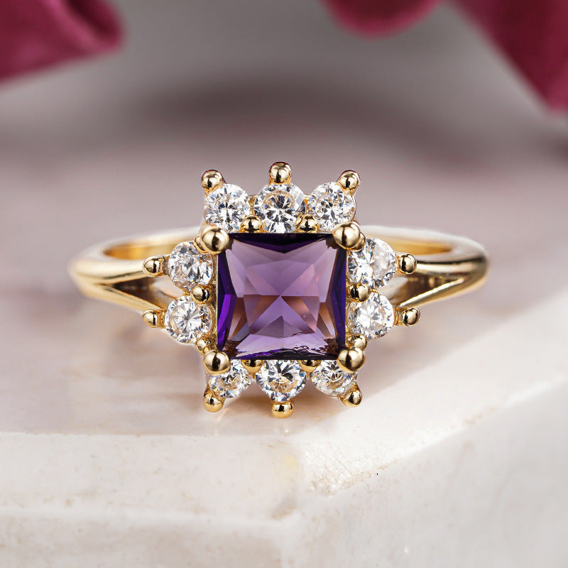 Princess Cut Purple Diamond Halo Ring Women Gold Engagement Cocktail Jewelry Gift