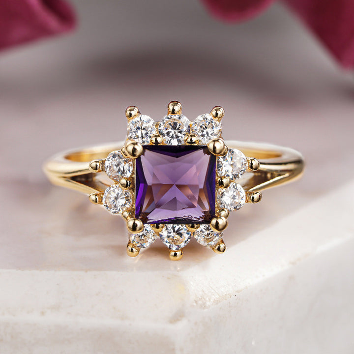 Princess Cut Purple Diamond Halo Ring Women Gold Engagement Cocktail Jewelry Gift