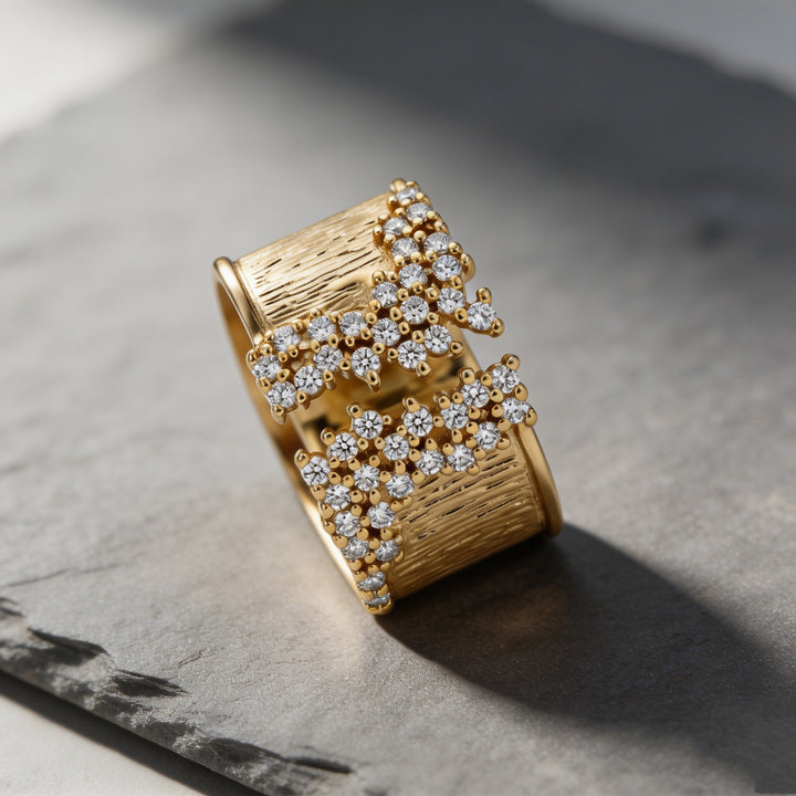 Wide Band Diamond Statement Ring Women Textured Open Cuff Bold Fashion Cocktail Ring