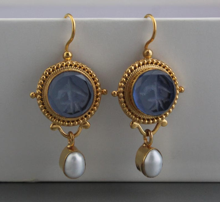 Vintage Carved Blue Gem Pearl Drop Hook Earrings Classical Beaded‑Border Women’s Jewelry