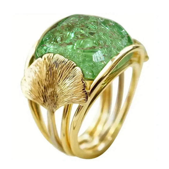 Green Stone Ginkgo Leaf Ring Women Gold Vintage Nature Inspired Jewelry Gift