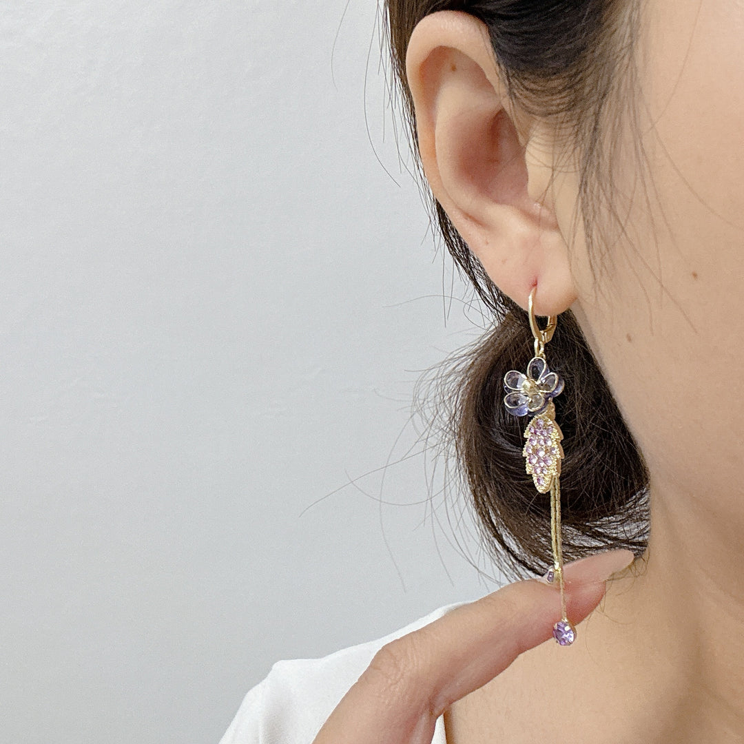 Purple Floral‑Leaf Tassel Long Drop Earrings Vintage Elegant Dangle Earrings