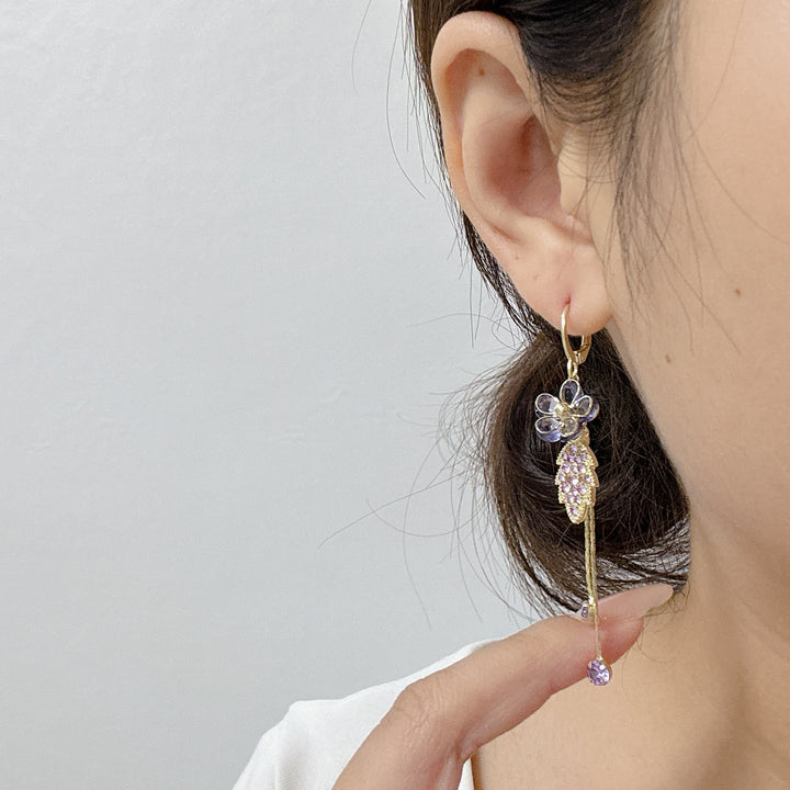 Purple Floral‑Leaf Tassel Long Drop Earrings Vintage Elegant Dangle Earrings