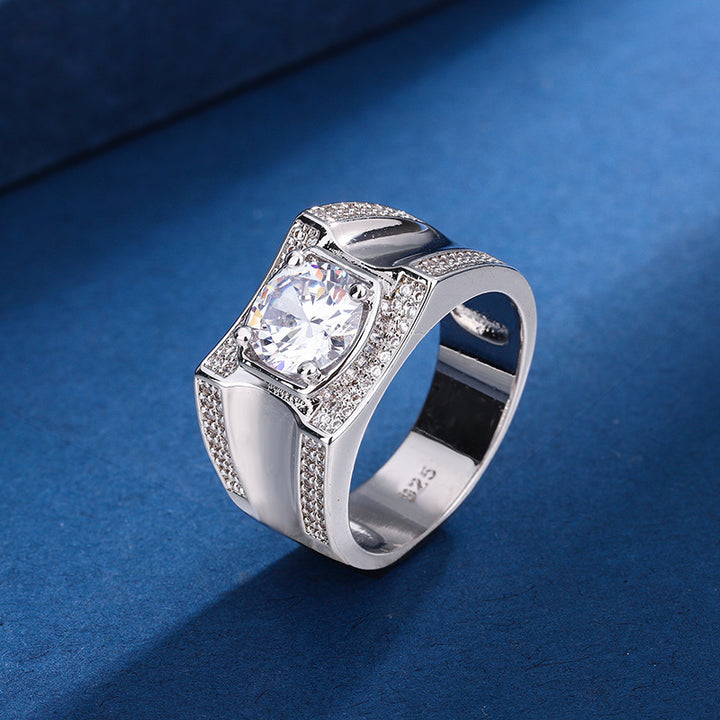 Business Style Wide Band Center Stone Paved Diamond Mens Ring
