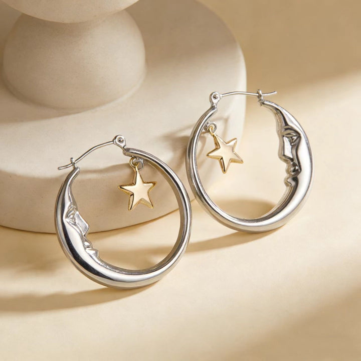 Moon Face Star Hoop Earrings Women Two Tone Crescent Celestial Statement Earrings