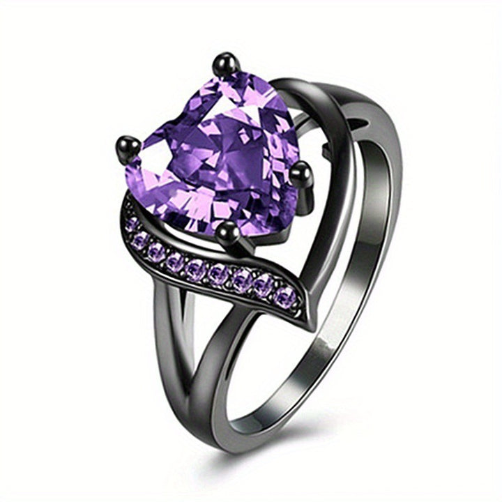 Black Titanium Steel Couple Ring Set Heart‑Shaped Purple Diamond Celtic Pattern Bands