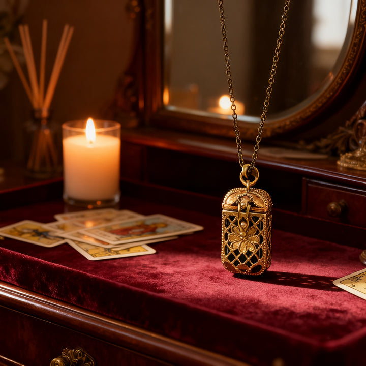 Vintage Floral Hollow Locket Openable Pendant Necklace, Storage Locket with Mini Tarot Cards