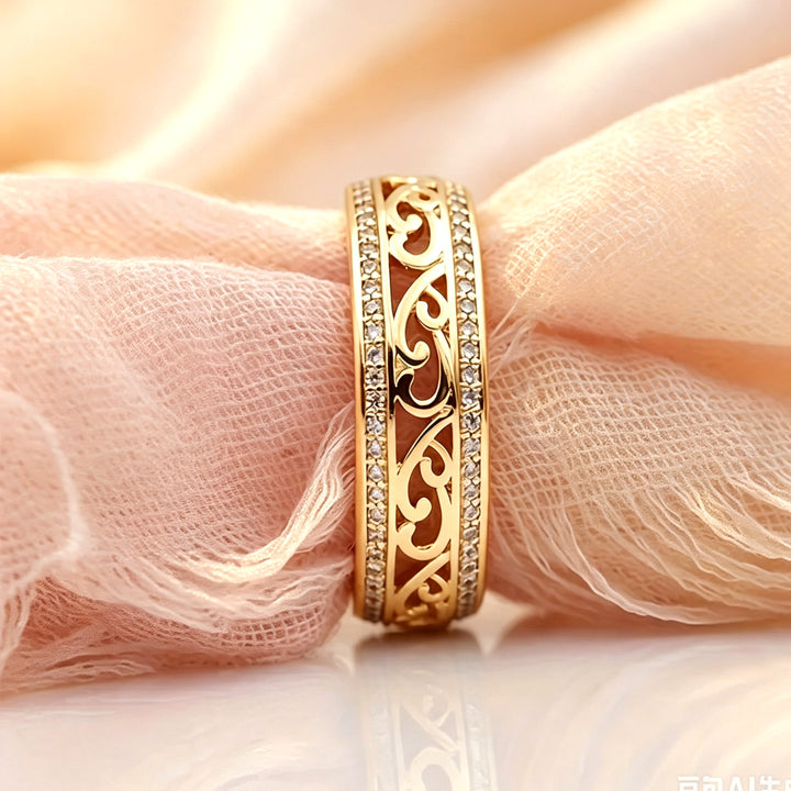 Vintage Filigree Band Ring Hollow Scroll Pattern Stackable Ring Pave Diamond Eternity Statement Ring For Women