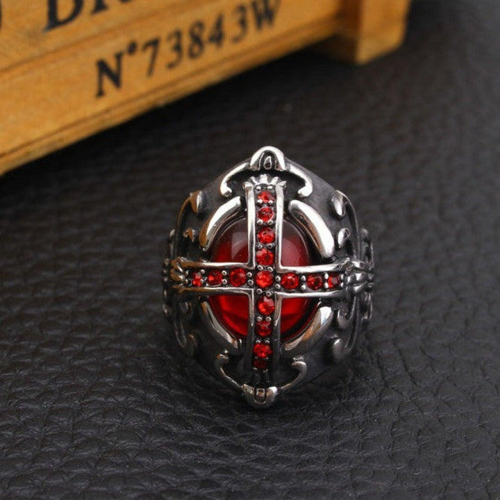 Vintage Cross Red Stone Jewelry Ring Gothic Statement Ring for Men Retro Engraved Finger Ring