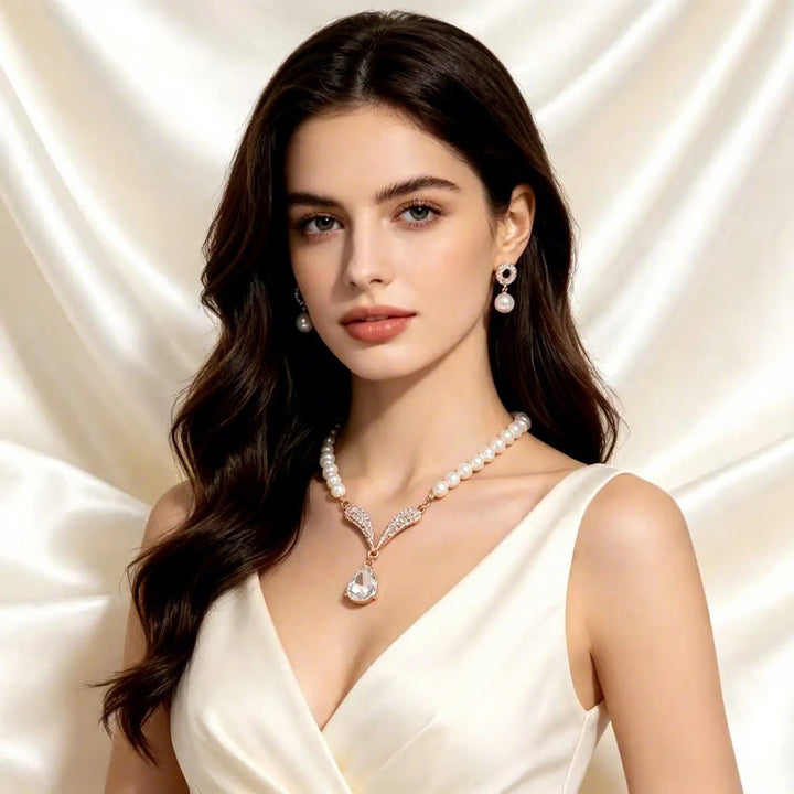 Elegant Bridal Pearl Jewelry Set Necklace And Drop Earrings For Wedding Evening Party