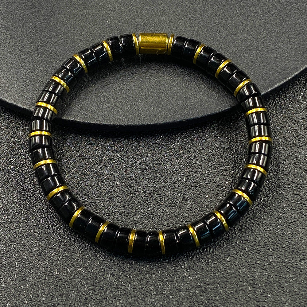 Luxury Tiger's Eye Cylinder Beaded Bracelet Gold Accent Unisex Stackable Fashion Jewelry