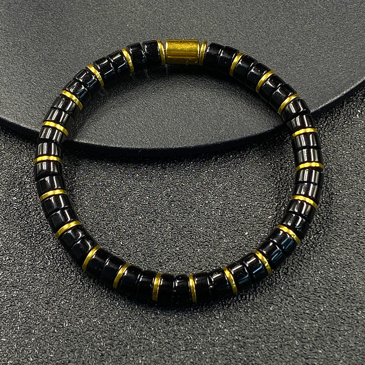 Luxury Tiger's Eye Cylinder Beaded Bracelet Gold Accent Unisex Stackable Fashion Jewelry
