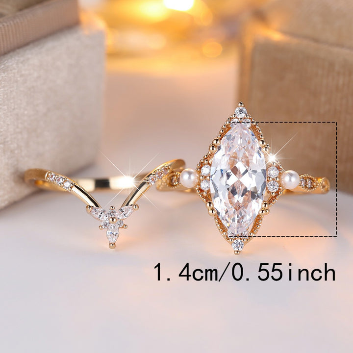 Vintage Marquise‑Cut Diamond Pearl Ring Set Hollow Pattern Stackable Dual Bands