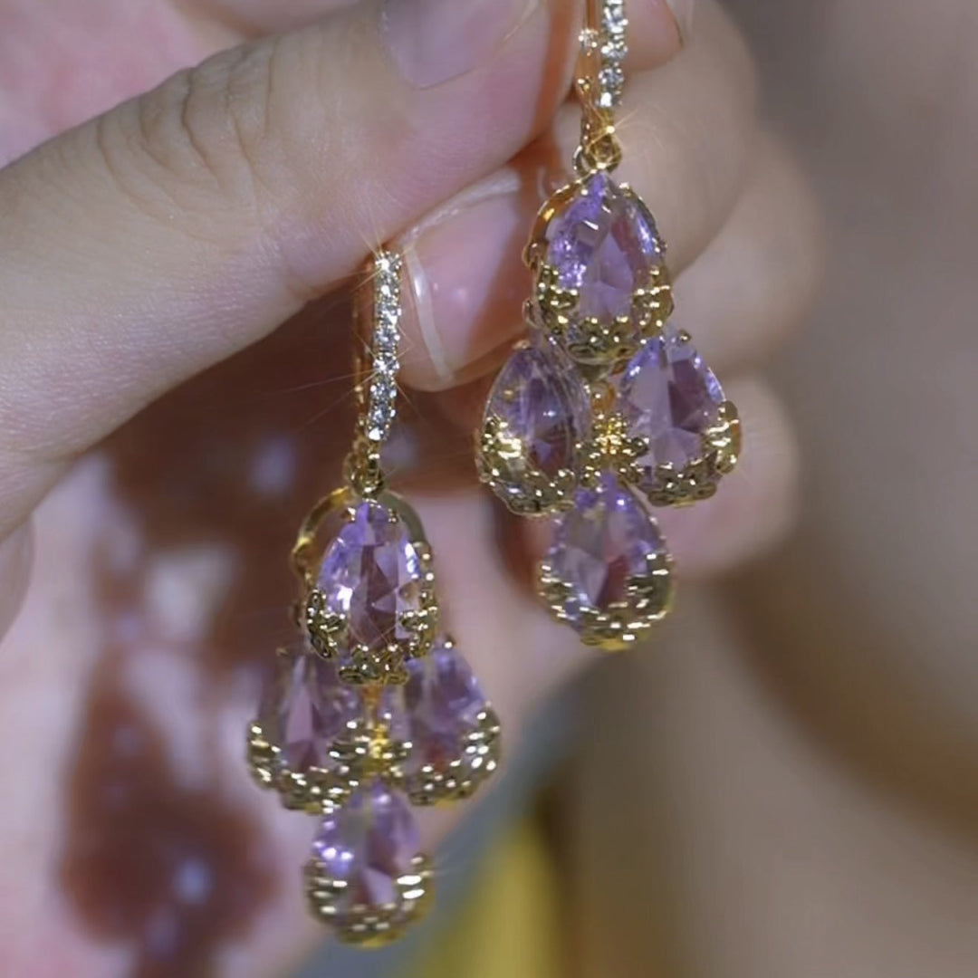 Purple Diamond Drop Earrings Women Gold Filigree Water Drop Luxury Jewelry Gift