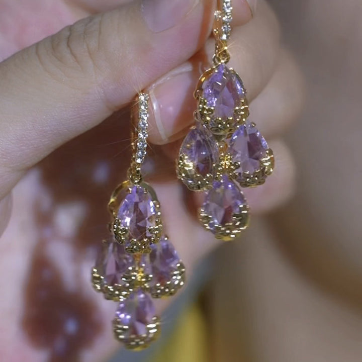 Purple Diamond Drop Earrings Women Gold Filigree Water Drop Luxury Jewelry Gift