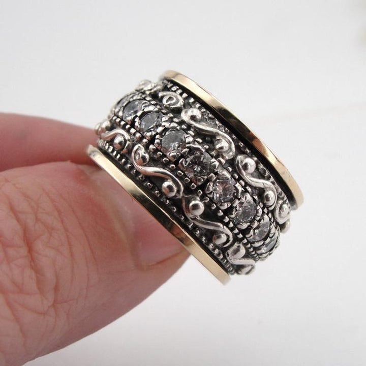 Vintage Engraved Wide Spinner Ring Two‑Tone Mixed‑Metal Unisex Ring