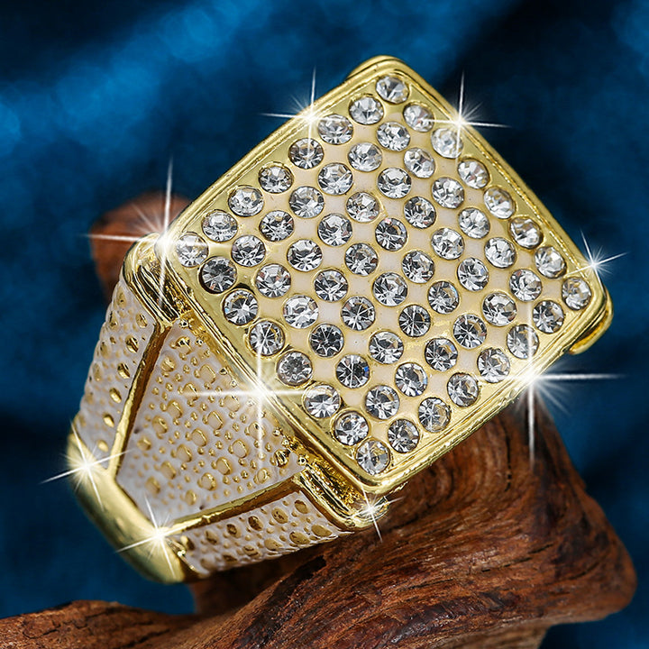 Men's Square Signet Pinky Ring Wide Band Pave Diamond Gold Hip Hop Statement Ring