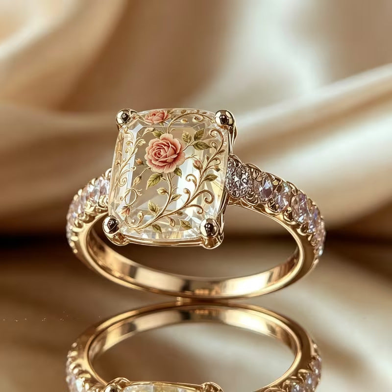 Vintage Rose Inlay Cushion Diamond Ring Women French Romantic Leaf Vine Gold Engagement Ring
