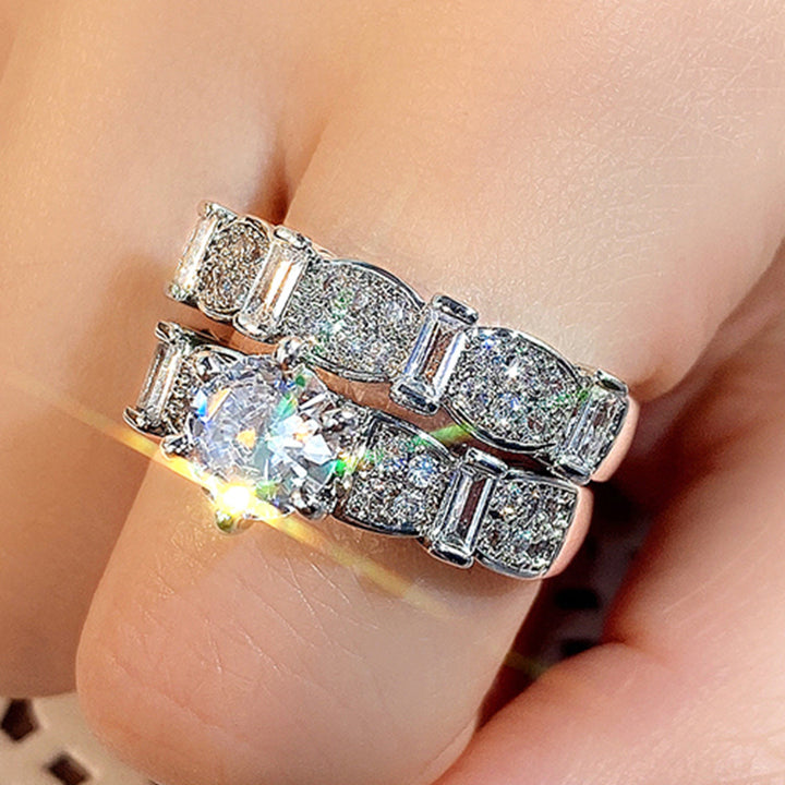 Two‑Piece Stackable Ring Set, Round‑Cut Center Diamond With Paved & Baguette‑Cut Accent Diamonds