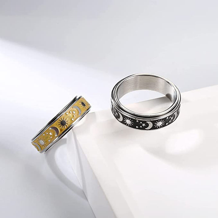 Sun Moon Star Rotatable Fidget Spinner Ring Titanium Steel Anxiety Band Ring With Ring Box