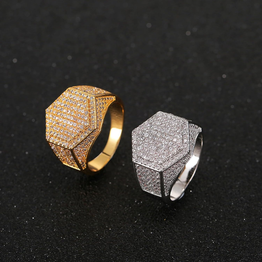 Hexagon Full‑Pave Diamond Wide Band Men Ring Hip‑Hop Heavy‑Set Shiny Diamond Ring