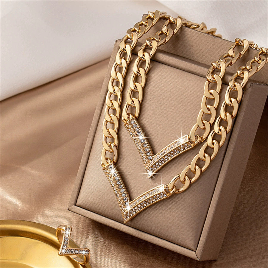 V Shape Rhinestone Statement Jewelry Set Chunky Curb Chain Necklace Bracelet Ring Stackable Trendy Women Fashion Jewelry