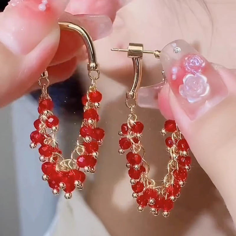 Dangling Beaded Crystal Drop Earrings Handmade Tassel Cluster Hoop Earrings For Women Statement Party Jewelry