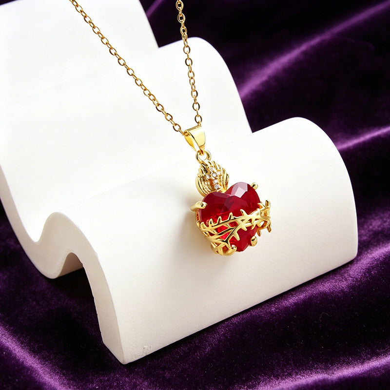 Red Heart Pendant Necklace Women Gold Crystal Wing Charm Diamond Elegant Jewelry Gift