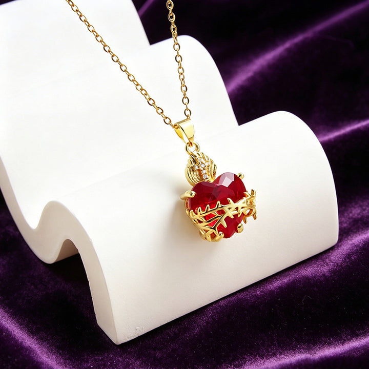 Red Heart Pendant Necklace Women Gold Crystal Wing Charm Diamond Elegant Jewelry Gift
