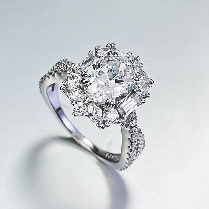 Oval Cut Center Diamond Sterling Silver Halo Ring, Twisted Split Shank Engagement Ring