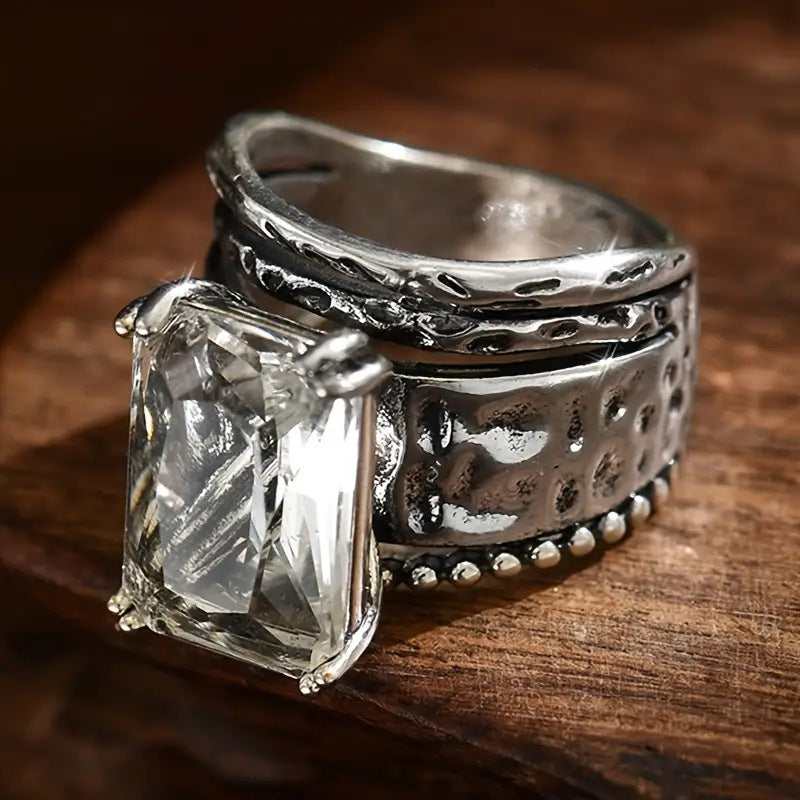 Vintage Hammered Multi Band Statement Ring Princess Cut Diamond Wide Band Retro Sterling Silver Ring Boho Punk Stackable Ring For Women Men Party Jewelry