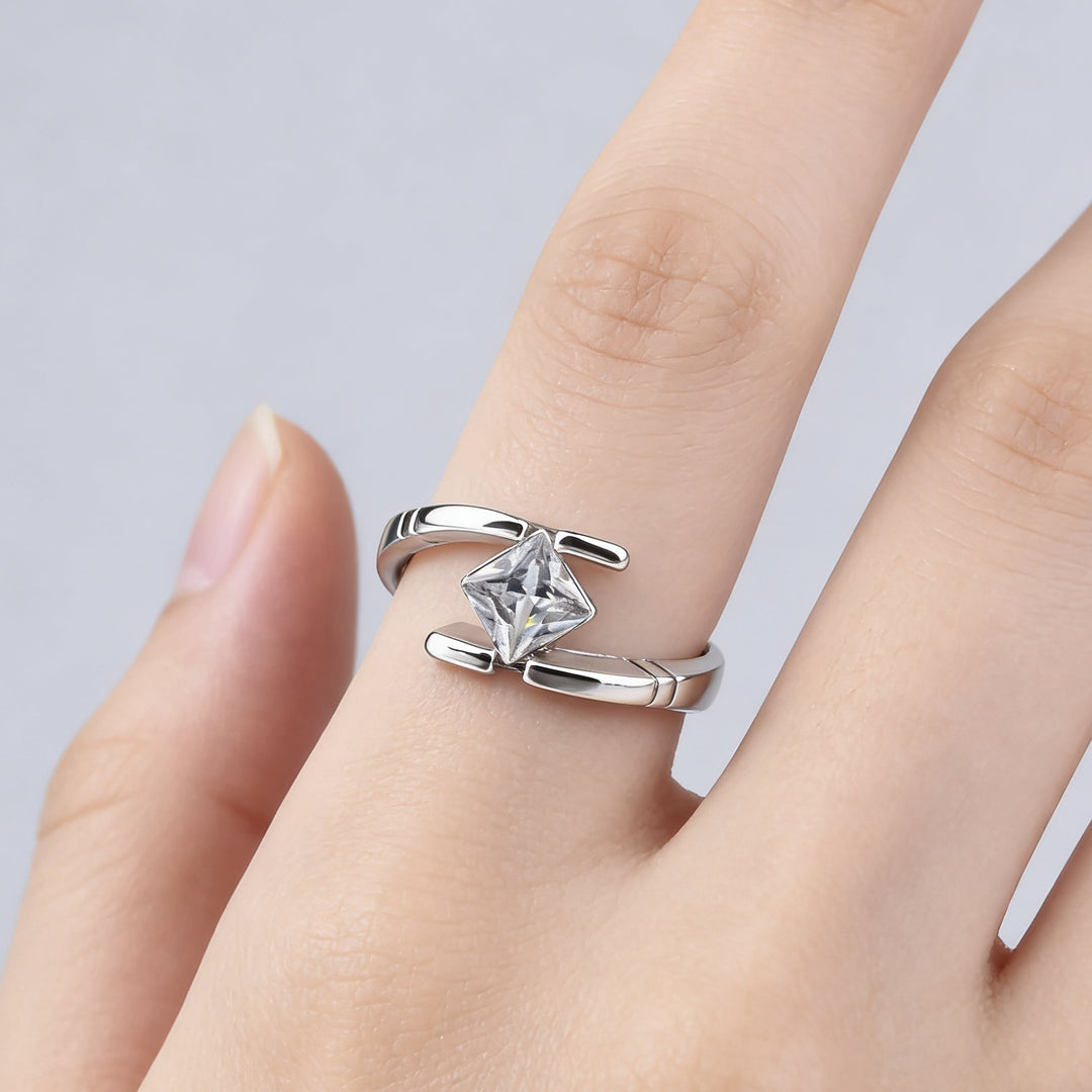 Geometric Princess Cut Diamond Ring, S925 Silver Unique Intertwined Design Women’s Ring