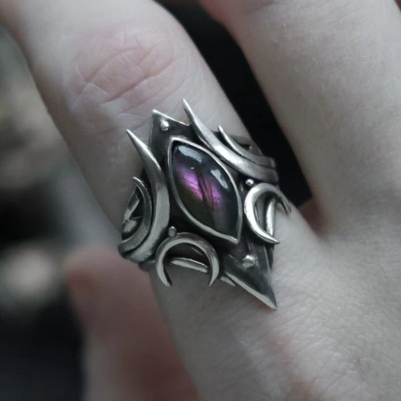 Gothic Witchy Marquise Purple Gem Statement Ring Solid Sterling Silver Vintage Crescent Moon Armor Style Cocktail Ring