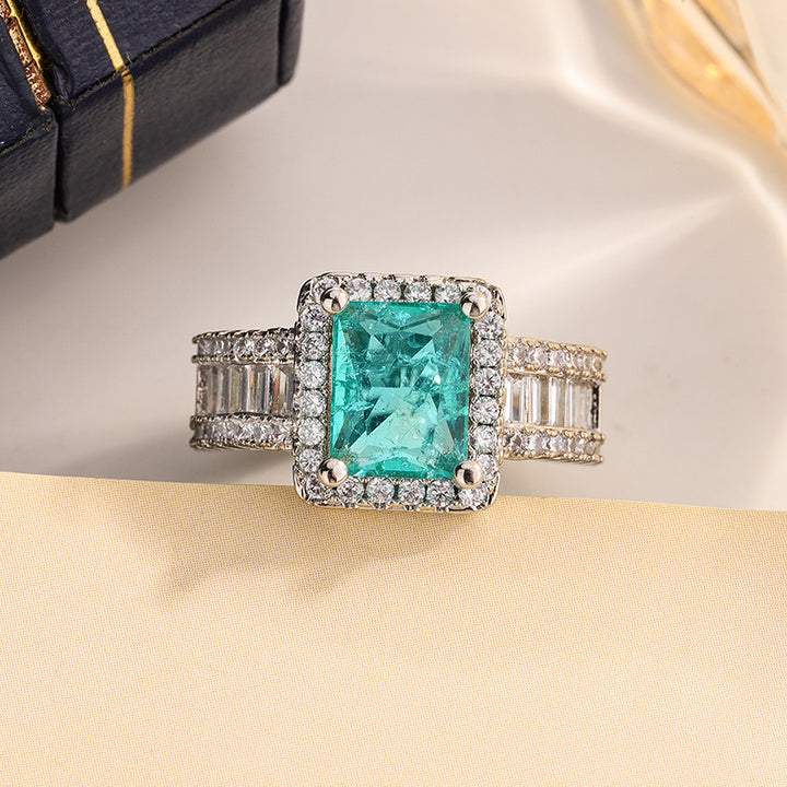 Emerald Cut Green Gem Halo Jewelry Ring Wide Band Statement Ring For Women Wedding Anniversary Gift