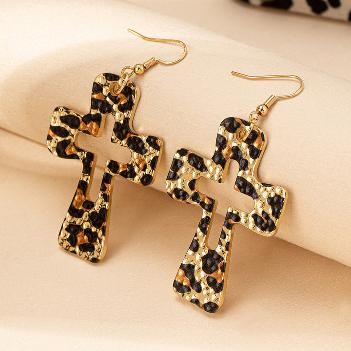 Leopard Print Cross Drop Earrings Women Hammered Gold Tone Dangle Earrings Western Boho