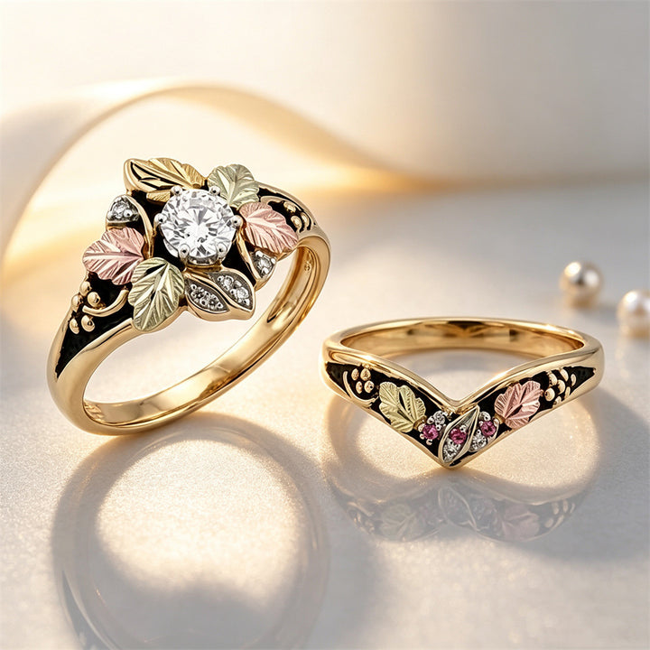 Multi Tone Leaf Diamond Ring Set Vintage Enamel Stackable Two Piece Rings For Women