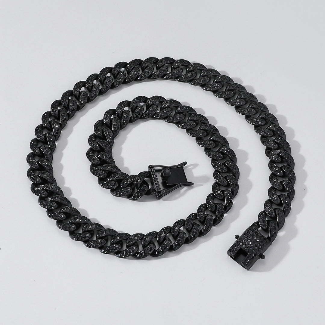 Black Iced Out Cuban Link Chain Bracelet Necklace Set Chunky Miami Curb Chain Hip Hop Statement Jewelry For Men Unisex