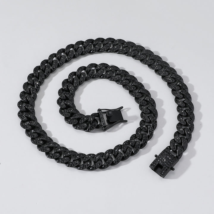 Black Iced Out Cuban Link Chain Bracelet Necklace Set Chunky Miami Curb Chain Hip Hop Statement Jewelry For Men Unisex