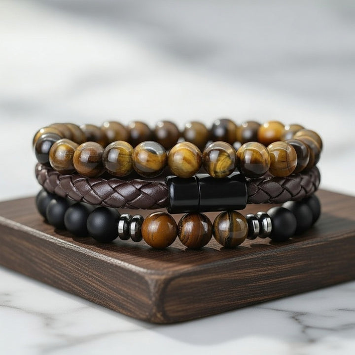 Men Multi Layer Stacked Bracelet Set Braided Leather Natural Stone Bead Wristband Classic Minimalist Statement Hand Jewelry