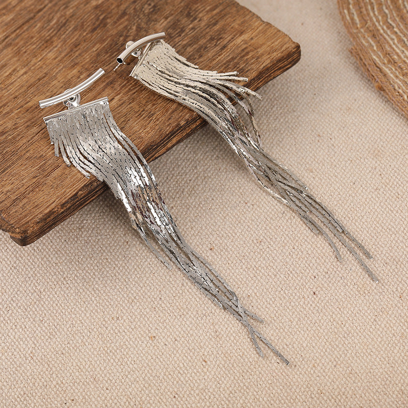 Sterling Silver Ear Post Long Tassel Earrings Atmospheric Slanted Metal Chain Drop Earrings Silver Gold Ambience Dangle Earrings