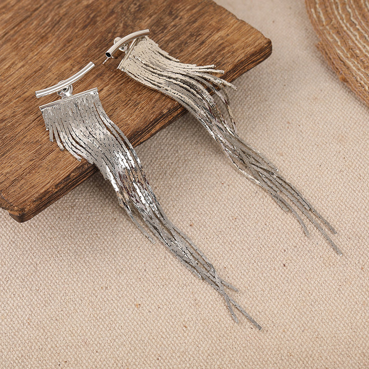 Sterling Silver Ear Post Long Tassel Earrings Atmospheric Slanted Metal Chain Drop Earrings Silver Gold Ambience Dangle Earrings