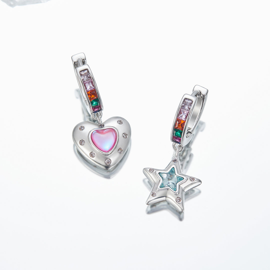 Star & Heart Asymmetrical Charm Hoop Earrings Sweet‑Cool Colorful Gem Unique Earrings